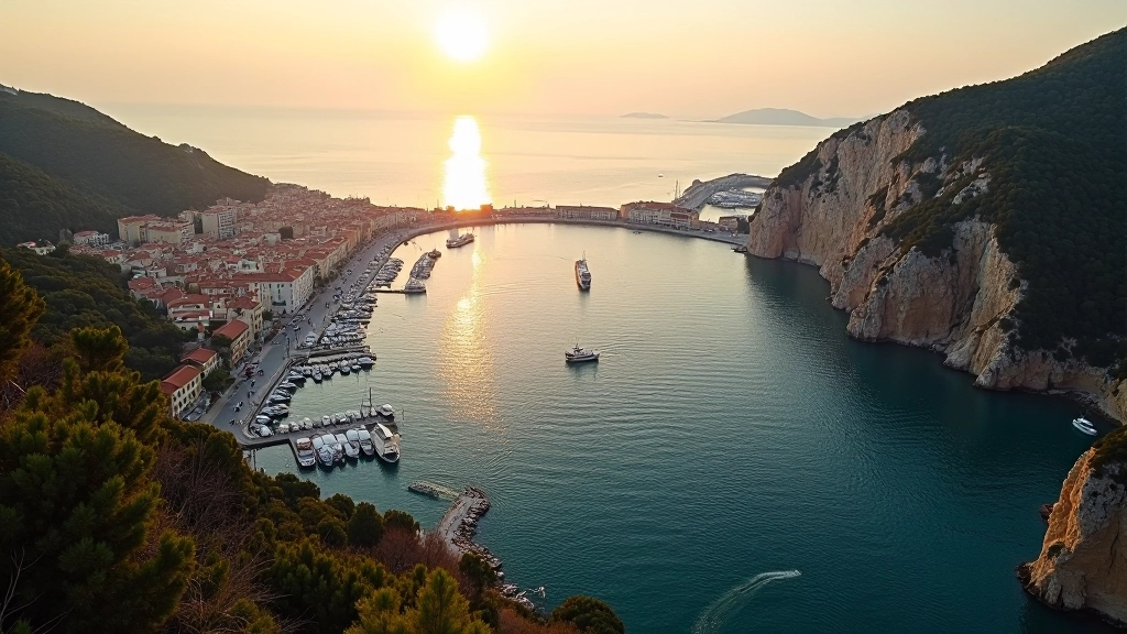 Veduta aerea di porto di Savona con barche e costa ligure rocciosa al tramonto