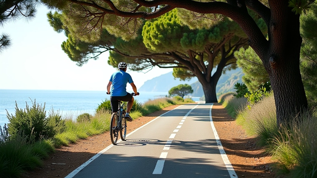 Pista ciclabile dedicata lungo la costa ligure con segnaletiche chiare, alberi ombreggianti e vista sul mare in lontananza