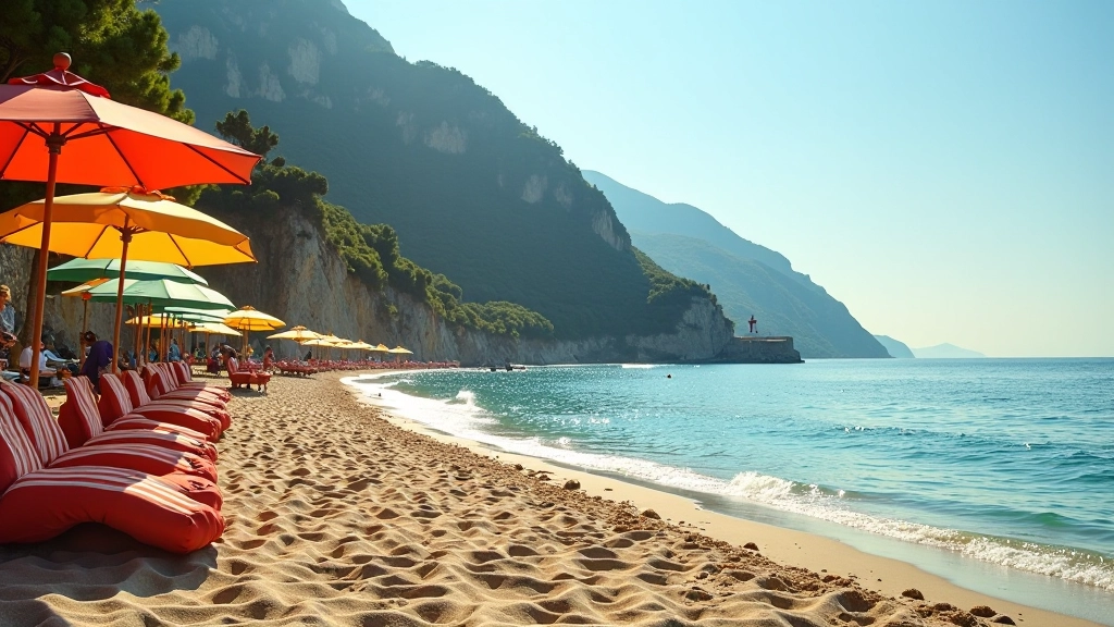 Spiaggia tranquilla di Spotorno con ombrelloni colorati, scogliere sullo sfondo e acqua cristallina del Mediterraneo