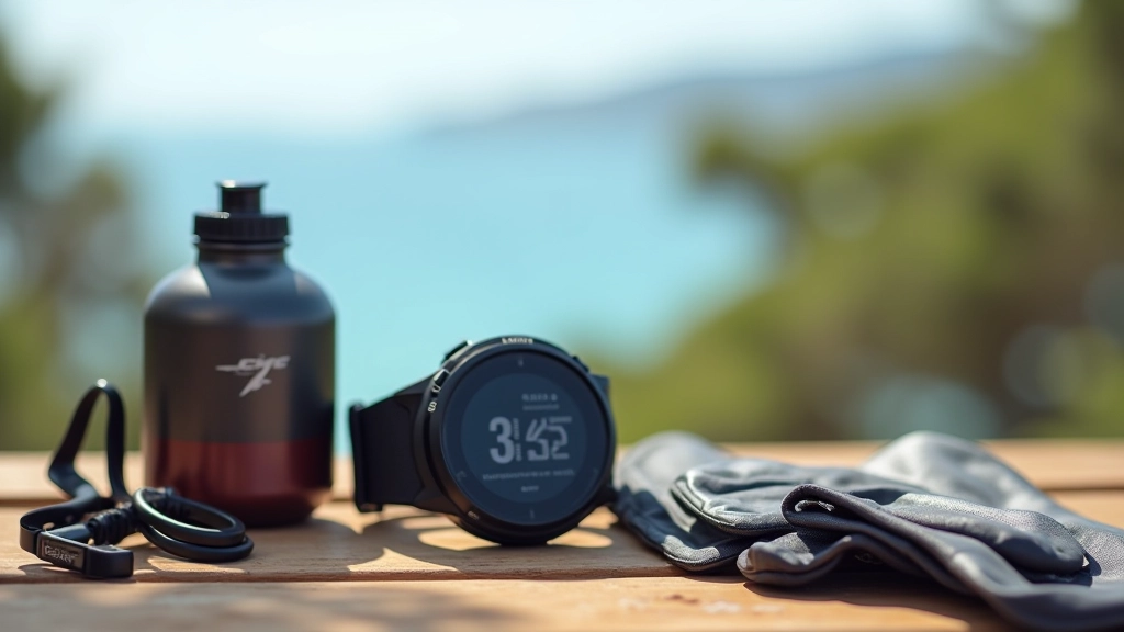 Orologio sportivo con cardiofrequenzimetro accanto a bottiglia d'acqua e guanti da ciclismo, su tavolo di legno