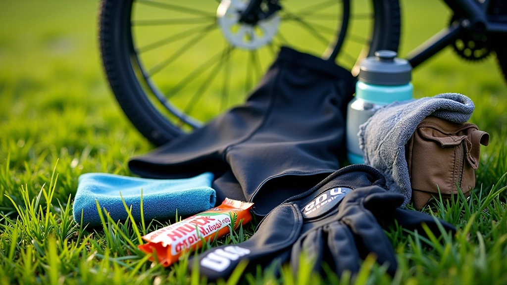 Accessori di comfort per ciclismo: guanti, snack, bottiglia d'acqua, asciugamano su sfondo di natura